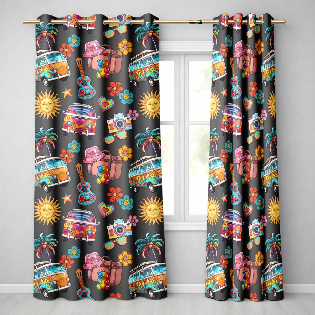 Hippie Van Camera Guitar Floral Travel Black Background Seamless  Readymade Eyelet Ring Top Thermal 100% Blackout Curtains
