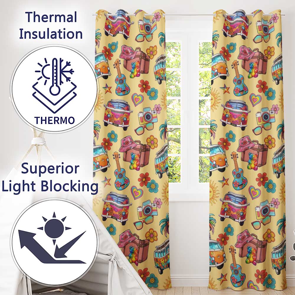 Hippie Van Camera Guitar Floral Travel Beige Background Seamless  Readymade Eyelet Ring Top Thermal 100% Blackout Curtains