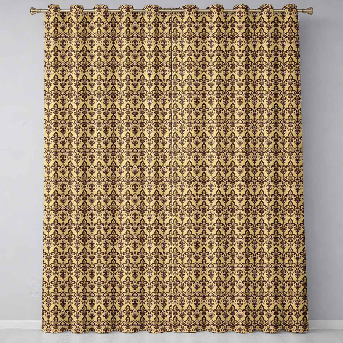 Bold Dark Brown Fleur De Lis Floral Damask Seamless Pattern  Readymade Eyelet Ring Top Thermal 100% Blackout Curtains