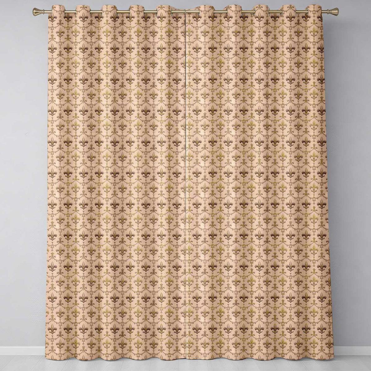 Classic Beige Fleur De Lis Scroll Detail Seamless Pattern Elegant Design  Readymade Eyelet Ring Top Thermal 100% Blackout Curtains