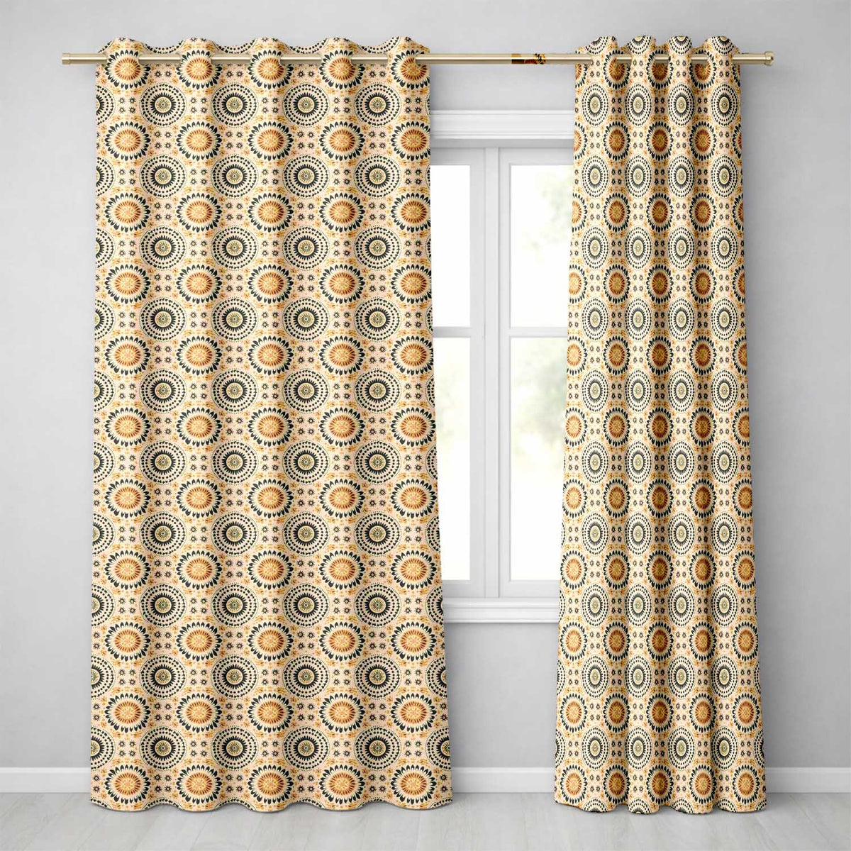 Floral Circle Pattern Warm Earth Tone Seamless Design  Readymade Eyelet Ring Top Thermal 100% Blackout Curtains