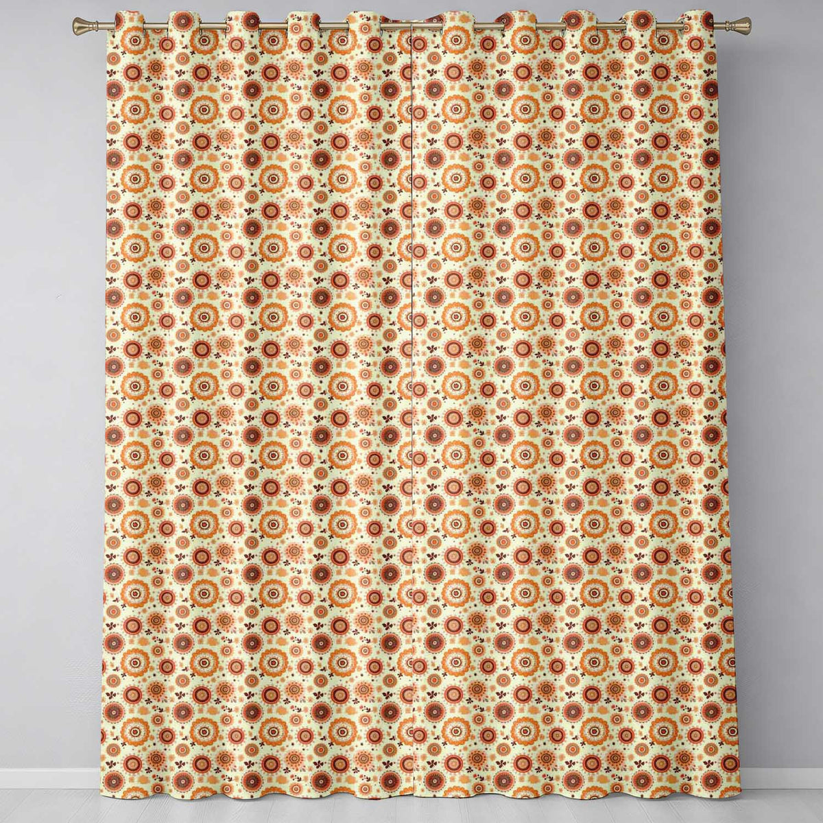 Orange Brown Circular Floral Motif Seamless Pattern Mid Century Style  Readymade Eyelet Ring Top Thermal 100% Blackout Curtains