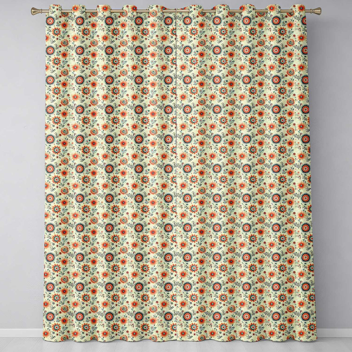 Playful Orange Blue Folk Floral Seamless Pattern Scandinavian Style Design  Readymade Eyelet Ring Top Thermal 100% Blackout Curtains