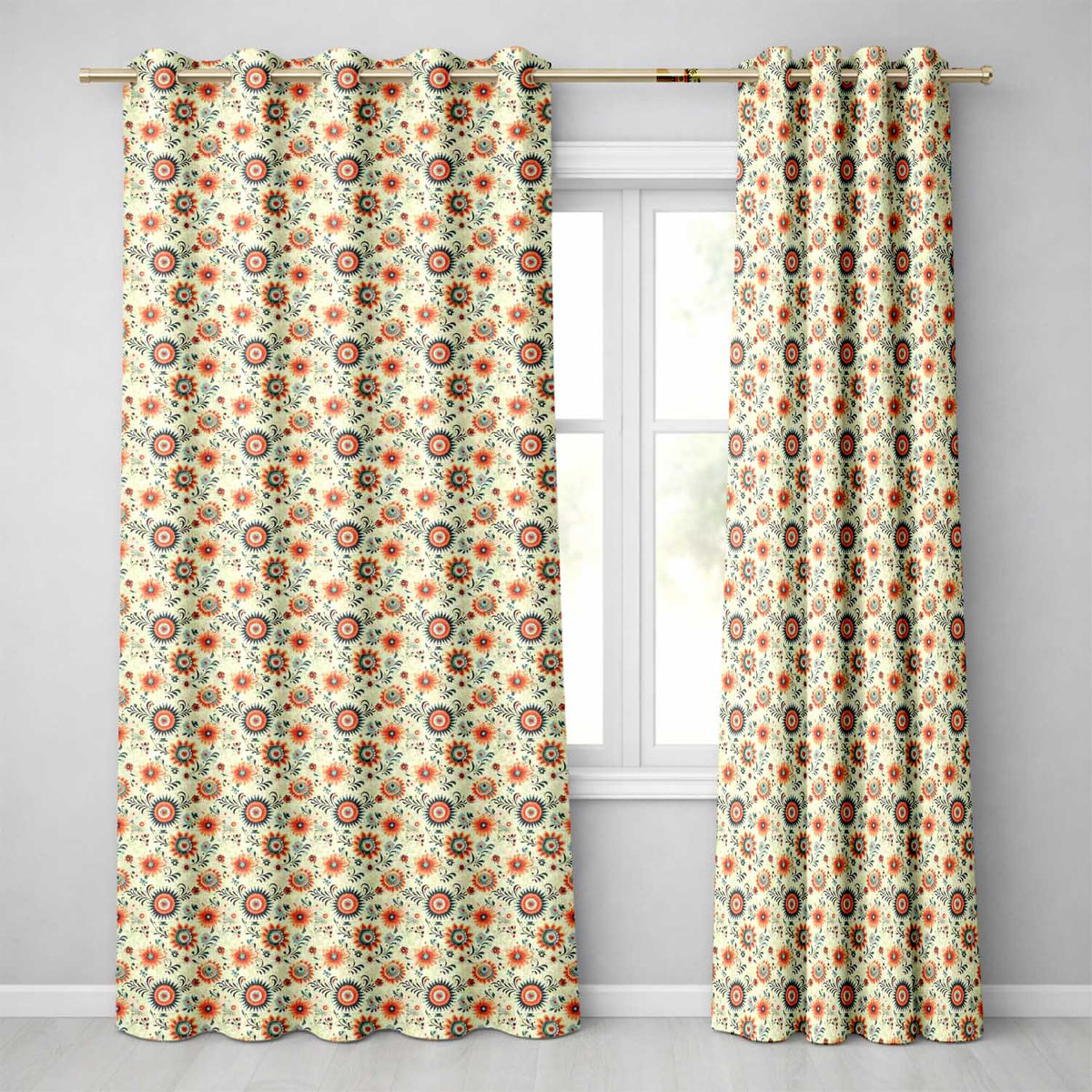 Playful Orange Blue Folk Floral Seamless Pattern Scandinavian Style Design  Readymade Eyelet Ring Top Thermal 100% Blackout Curtains