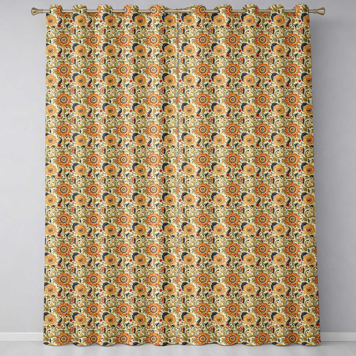 Detailed Vintage Orange Yellow Floral Seamless Pattern Classic Botanical Design  Readymade Eyelet Ring Top Thermal 100% Blackout Curtains