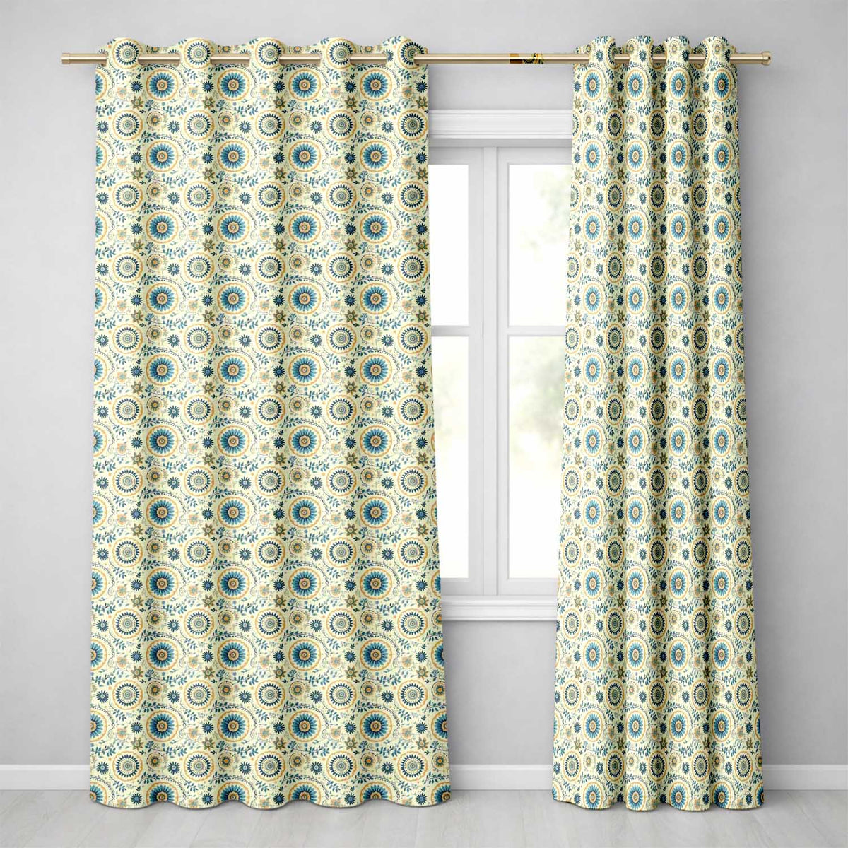 Teal Gold Ornate Floral Medallion Seamless Pattern Elegant Vintage Style  Readymade Eyelet Ring Top Thermal 100% Blackout Curtains