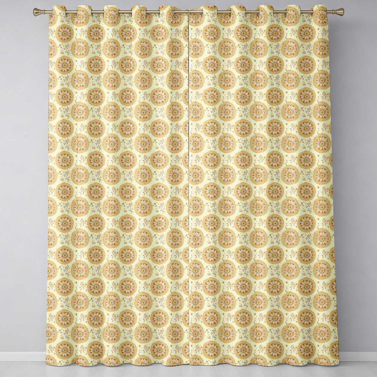 Elegant Beige Mandala Floral Seamless Pattern Soft Neutral Ornamental  Readymade Eyelet Ring Top Thermal 100% Blackout Curtains