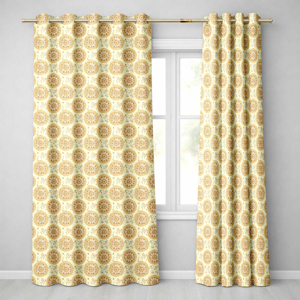 Elegant Beige Mandala Floral Seamless Pattern Soft Neutral Ornamental  Readymade Eyelet Ring Top Thermal 100% Blackout Curtains