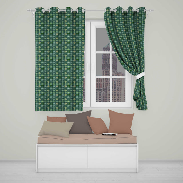 Green Tile Floral Grid Seamless Pattern Decorative Ceramic Style  Readymade Eyelet Ring Top Thermal 100% Blackout Curtains
