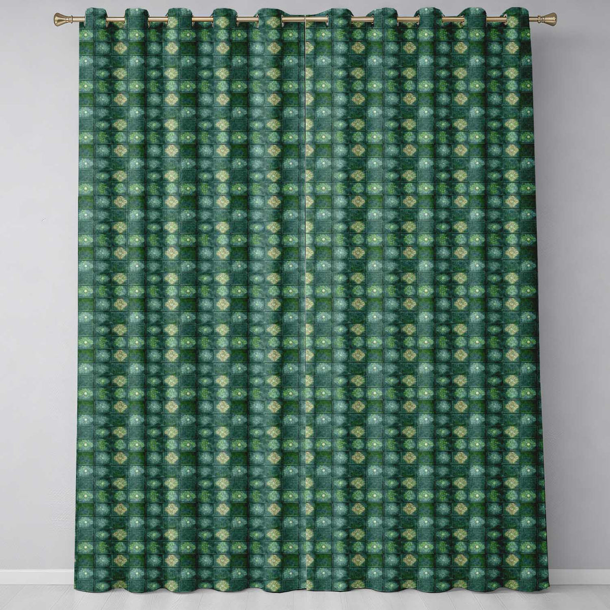 Green Tile Floral Grid Seamless Pattern Decorative Ceramic Style  Readymade Eyelet Ring Top Thermal 100% Blackout Curtains