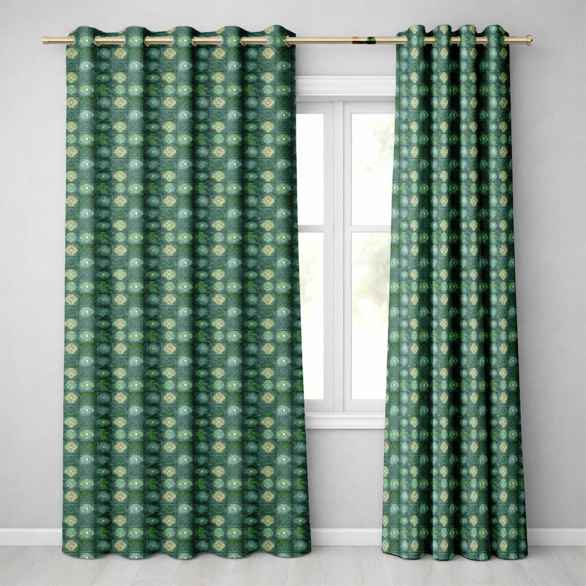 Green Tile Floral Grid Seamless Pattern Decorative Ceramic Style  Readymade Eyelet Ring Top Thermal 100% Blackout Curtains