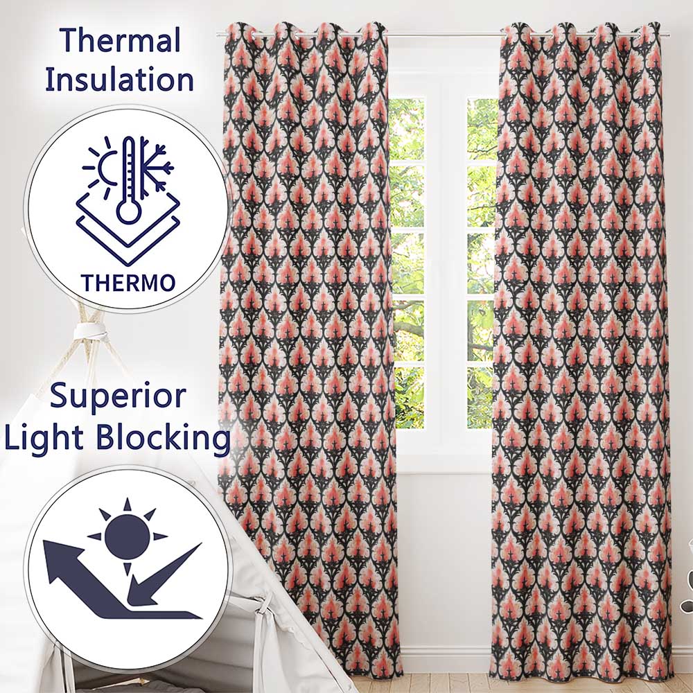 Gothic Black Pink Ornate Floral Seamless Pattern Vintage Style  Readymade Eyelet Ring Top Thermal 100% Blackout Curtains