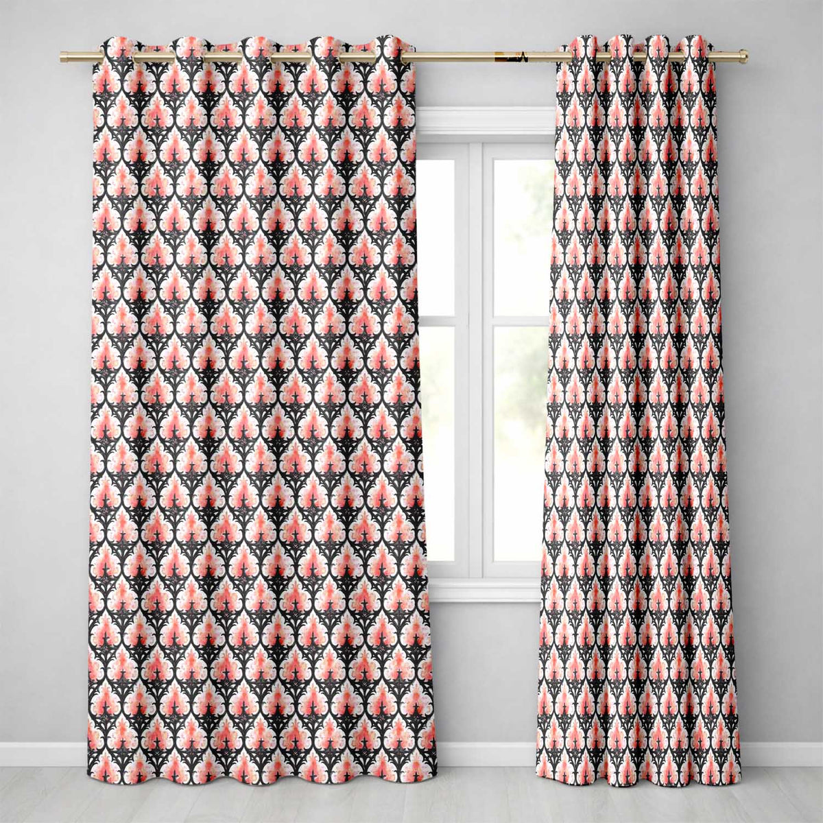 Gothic Black Pink Ornate Floral Seamless Pattern Vintage Style  Readymade Eyelet Ring Top Thermal 100% Blackout Curtains