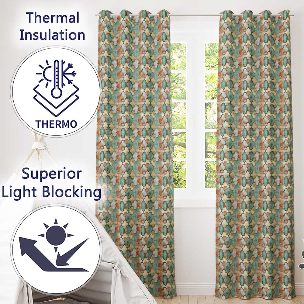 Abstract Moroccan Tile Watercolor Seamless Pattern Rustic Artistic Design  Readymade Eyelet Ring Top Thermal 100% Blackout Curtains