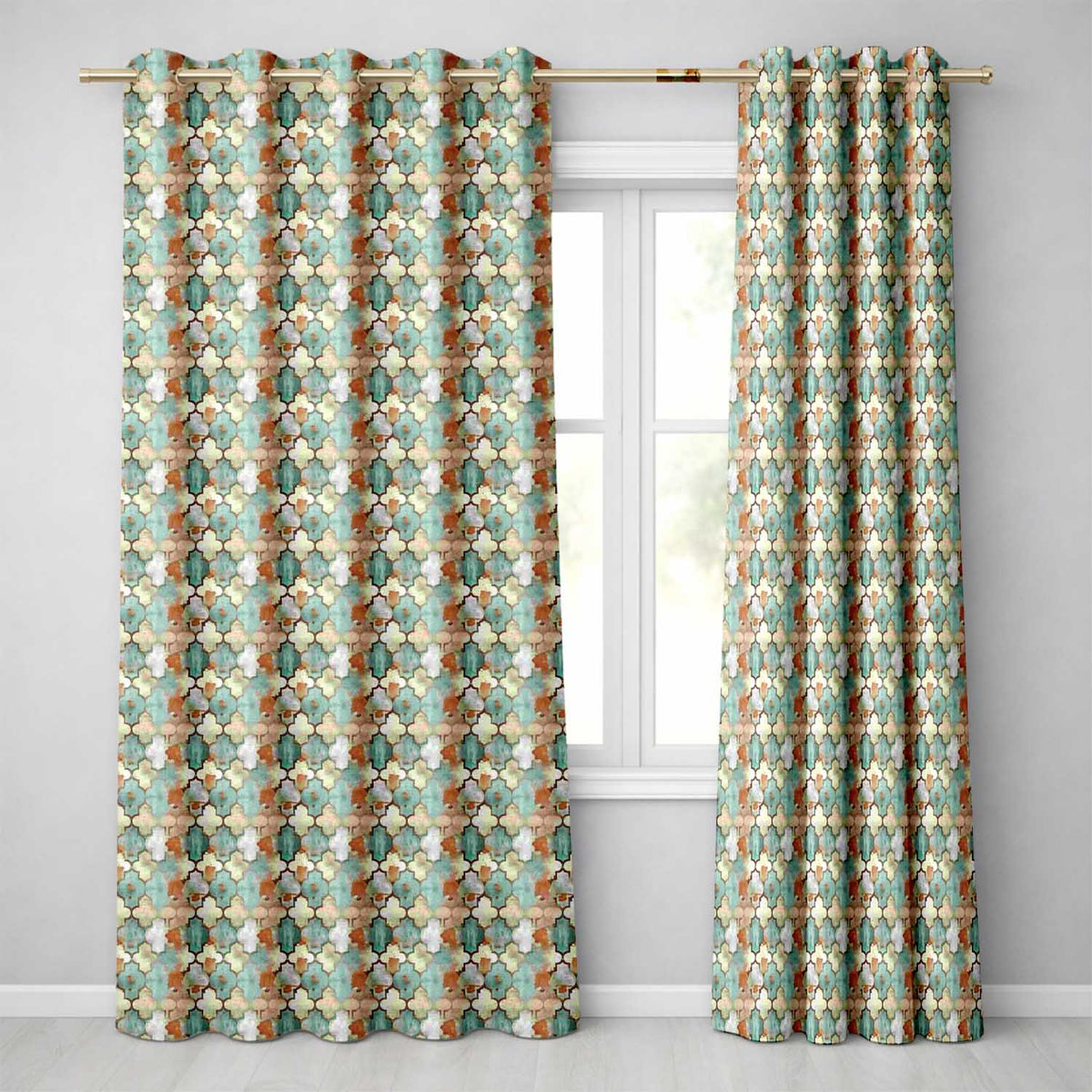 Abstract Moroccan Tile Watercolor Seamless Pattern Rustic Artistic Design  Readymade Eyelet Ring Top Thermal 100% Blackout Curtains