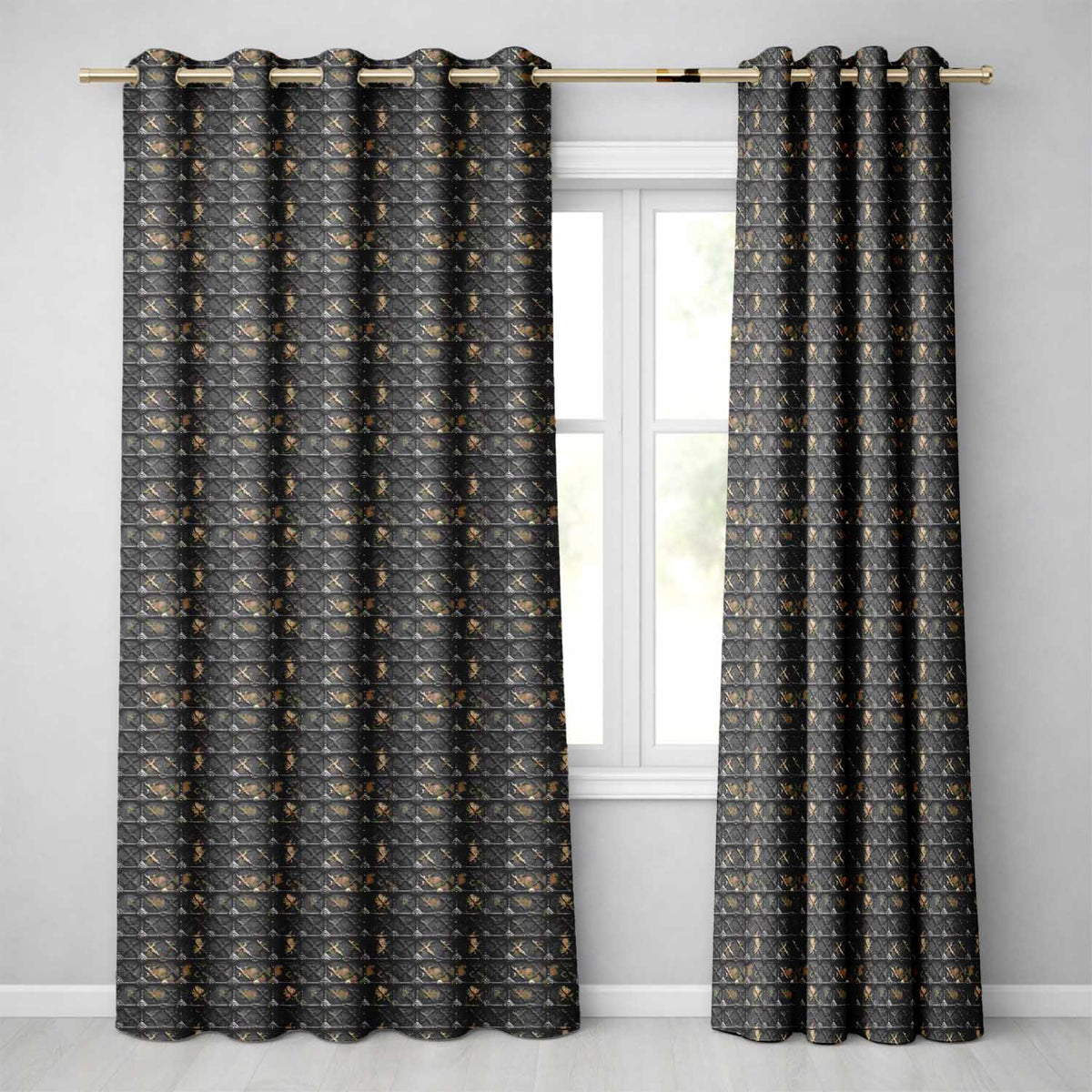 Dark Riveted Metal Grid Seamless Pattern Industrial Steampunk Texture Design  Readymade Eyelet Ring Top Thermal 100% Blackout Curtains