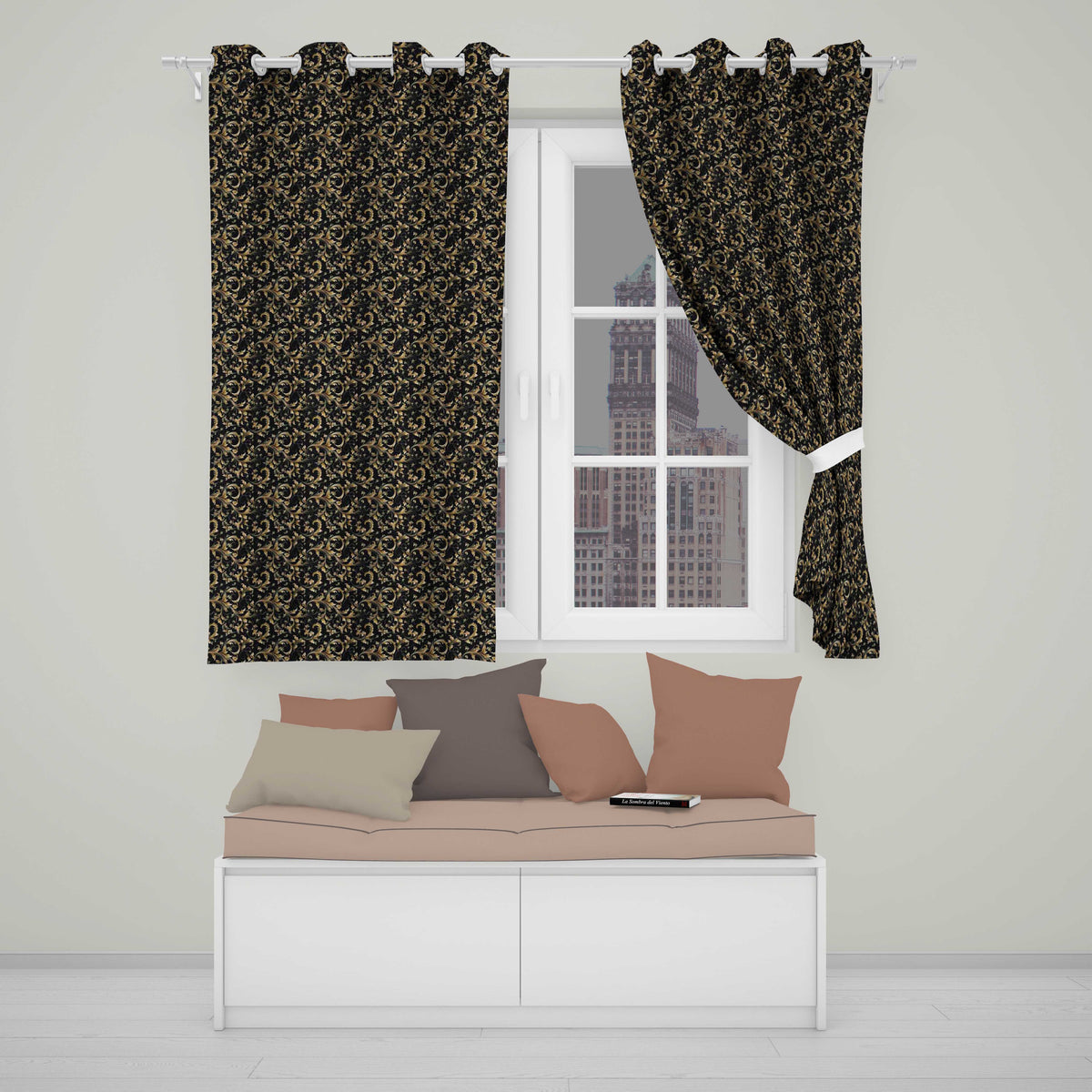 Black Gold Baroque Floral Seamless Pattern Luxury Ornamental Design  Readymade Eyelet Ring Top Thermal 100% Blackout Curtains