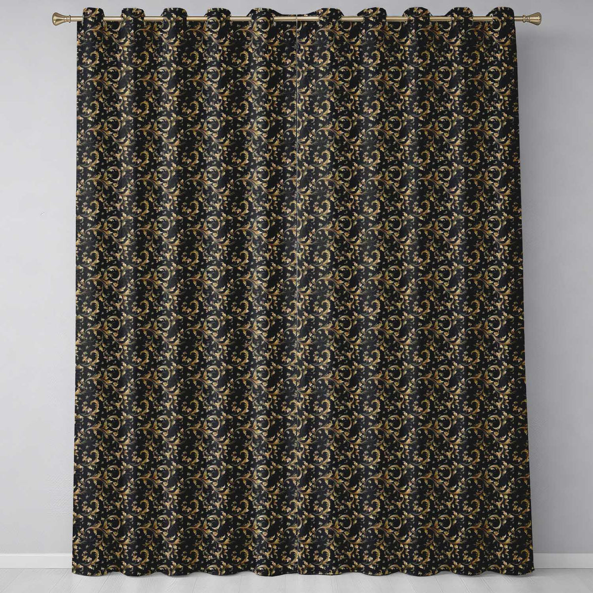 Black Gold Baroque Floral Seamless Pattern Luxury Ornamental Design  Readymade Eyelet Ring Top Thermal 100% Blackout Curtains