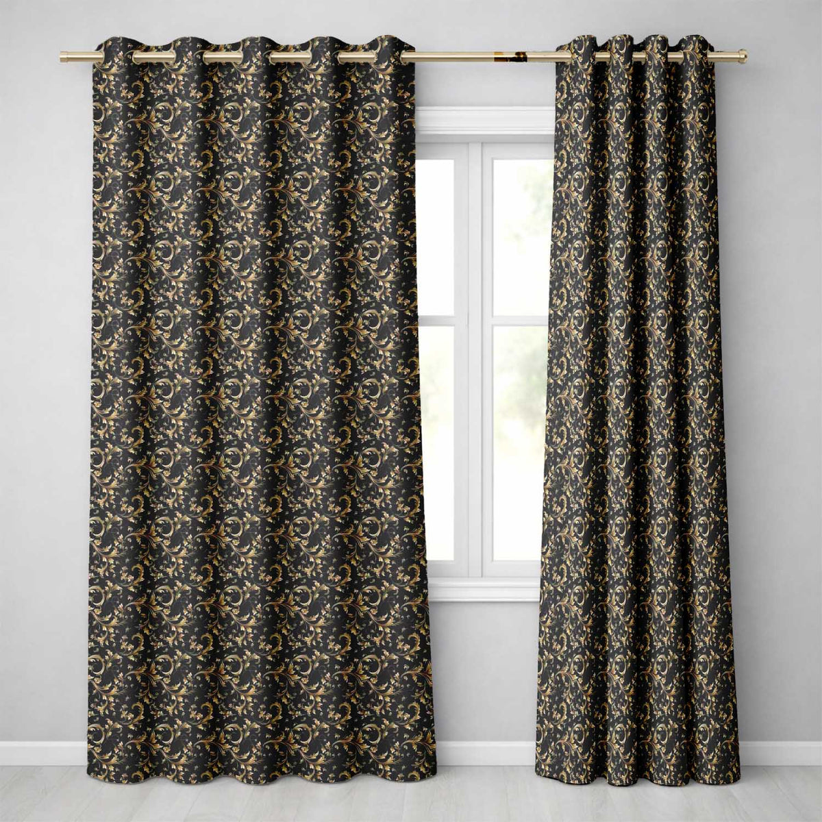 Black Gold Baroque Floral Seamless Pattern Luxury Ornamental Design  Readymade Eyelet Ring Top Thermal 100% Blackout Curtains