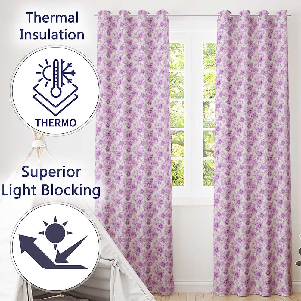 Purple Floral Garden Seamless Pattern Delicate Botanical Blossom Design  Readymade Eyelet Ring Top Thermal 100% Blackout Curtains