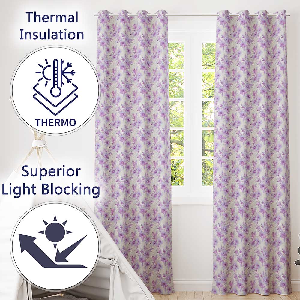 Lavender Floral Blossom Seamless Pattern Elegant Watercolor Botanical Design  Readymade Eyelet Ring Top Thermal 100% Blackout Curtains