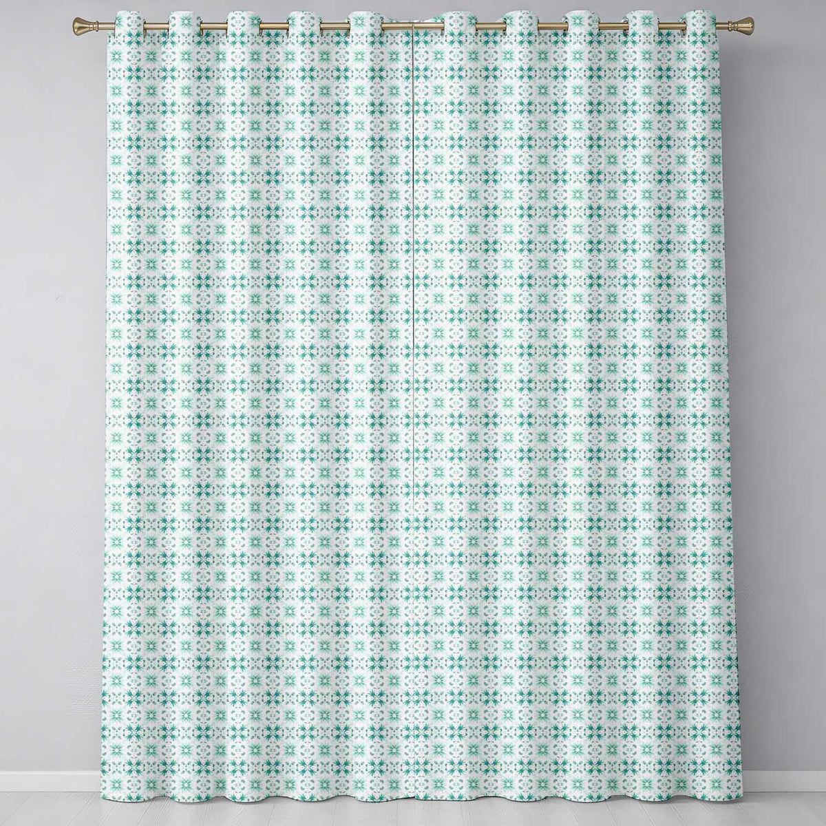 Teal Geometric Floral Seamless Pattern Decorative Symmetric Tile Design  Readymade Eyelet Ring Top Thermal 100% Blackout Curtains