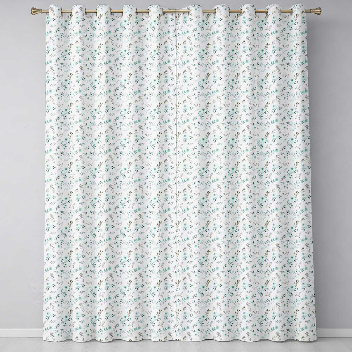Teal Watercolor Floral Leaves Seamless Pattern Soft Botanical Elegant Design  Readymade Eyelet Ring Top Thermal 100% Blackout Curtains