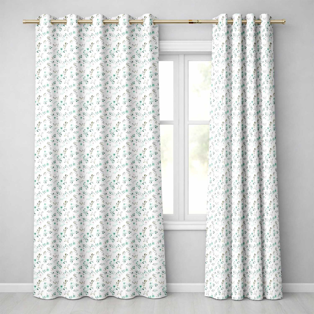 Teal Watercolor Floral Leaves Seamless Pattern Soft Botanical Elegant Design  Readymade Eyelet Ring Top Thermal 100% Blackout Curtains