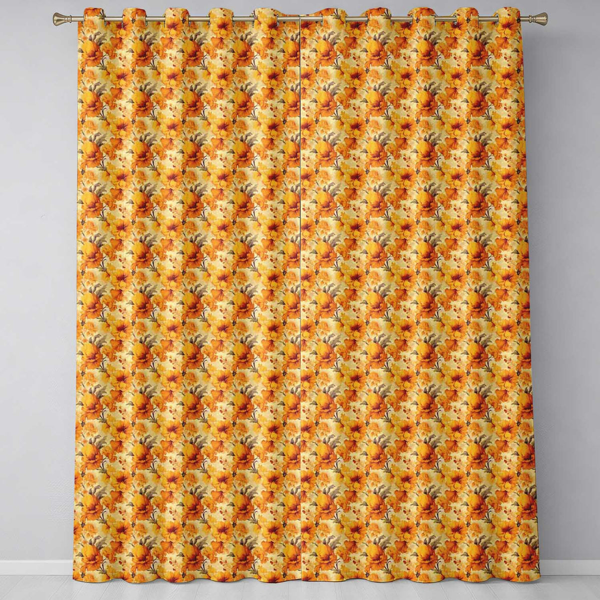 Golden Orange Floral Blossom Seamless Pattern Bold Botanical Vintage Design  Readymade Eyelet Ring Top Thermal 100% Blackout Curtains