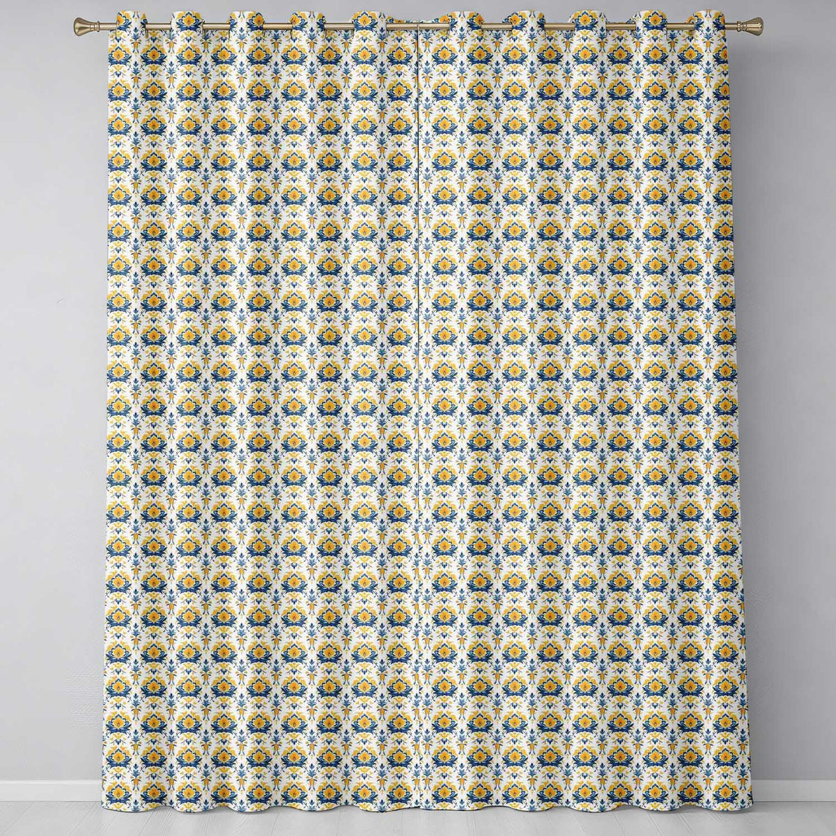 Blue Yellow Ornamental Floral Tile Seamless Pattern Vintage Ceramic Style  Readymade Eyelet Ring Top Thermal 100% Blackout Curtains