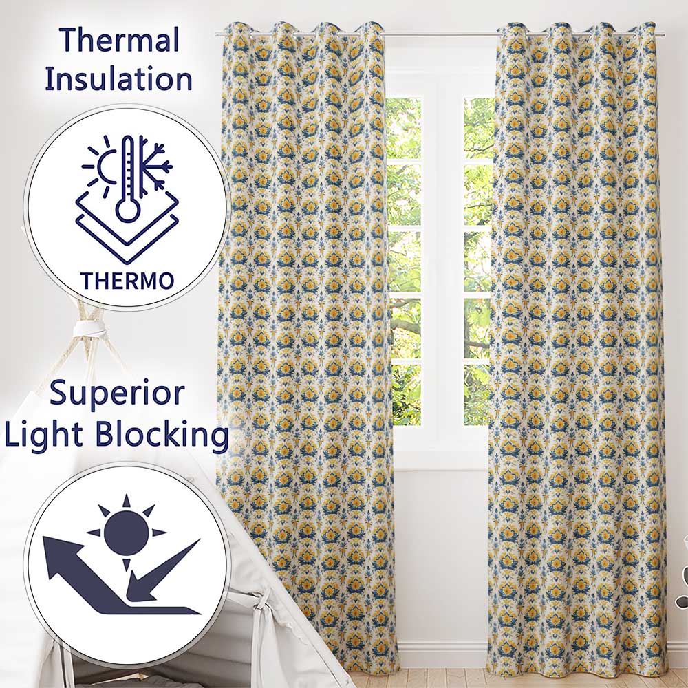 Blue Yellow Ornamental Floral Tile Seamless Pattern Vintage Ceramic Style  Readymade Eyelet Ring Top Thermal 100% Blackout Curtains