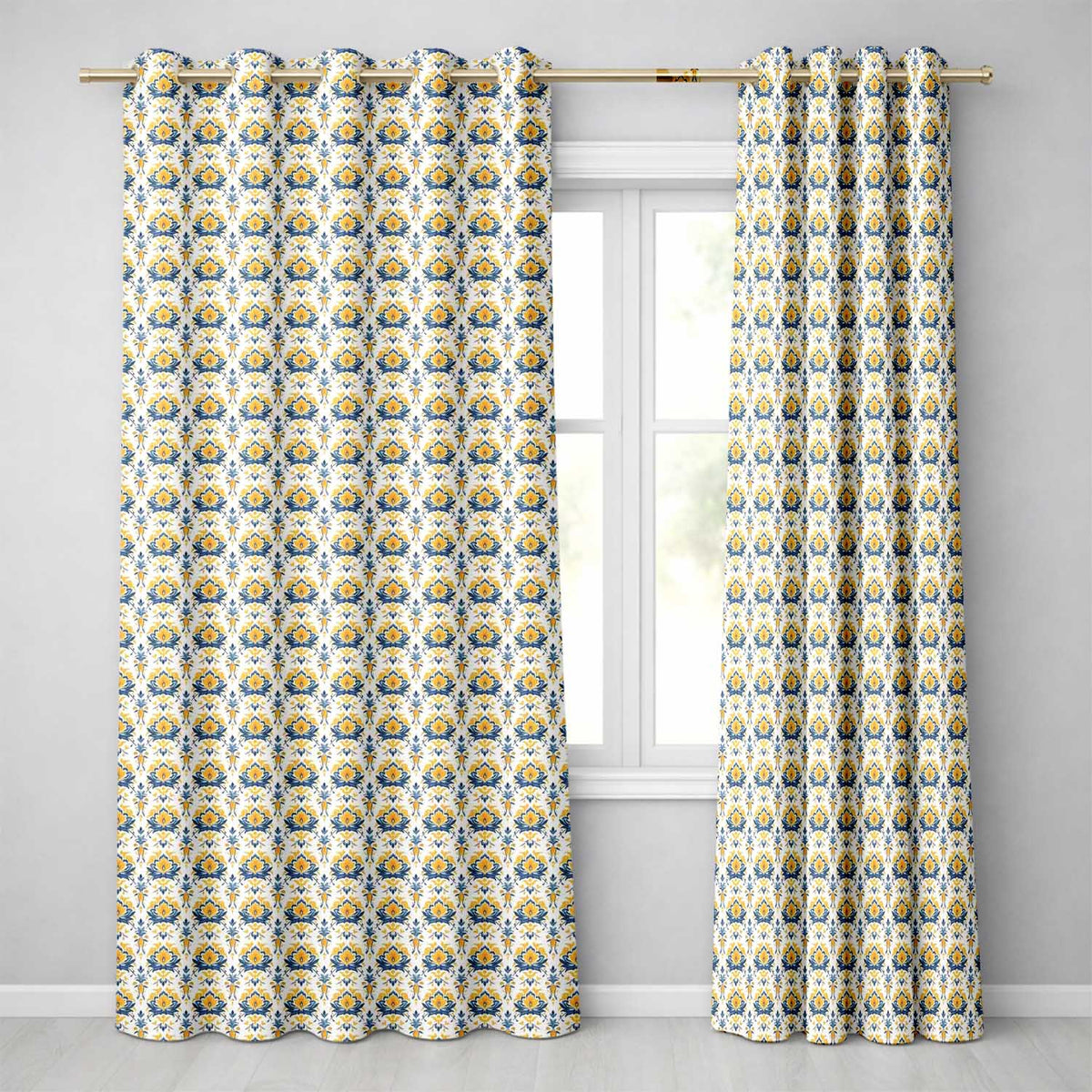 Blue Yellow Ornamental Floral Tile Seamless Pattern Vintage Ceramic Style  Readymade Eyelet Ring Top Thermal 100% Blackout Curtains