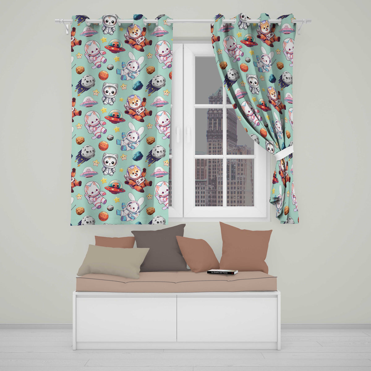 Cute Space Animals Astronaut Seamless Pattern Mint Galaxy Kids Design  Readymade Eyelet Ring Top Thermal 100% Blackout Curtains