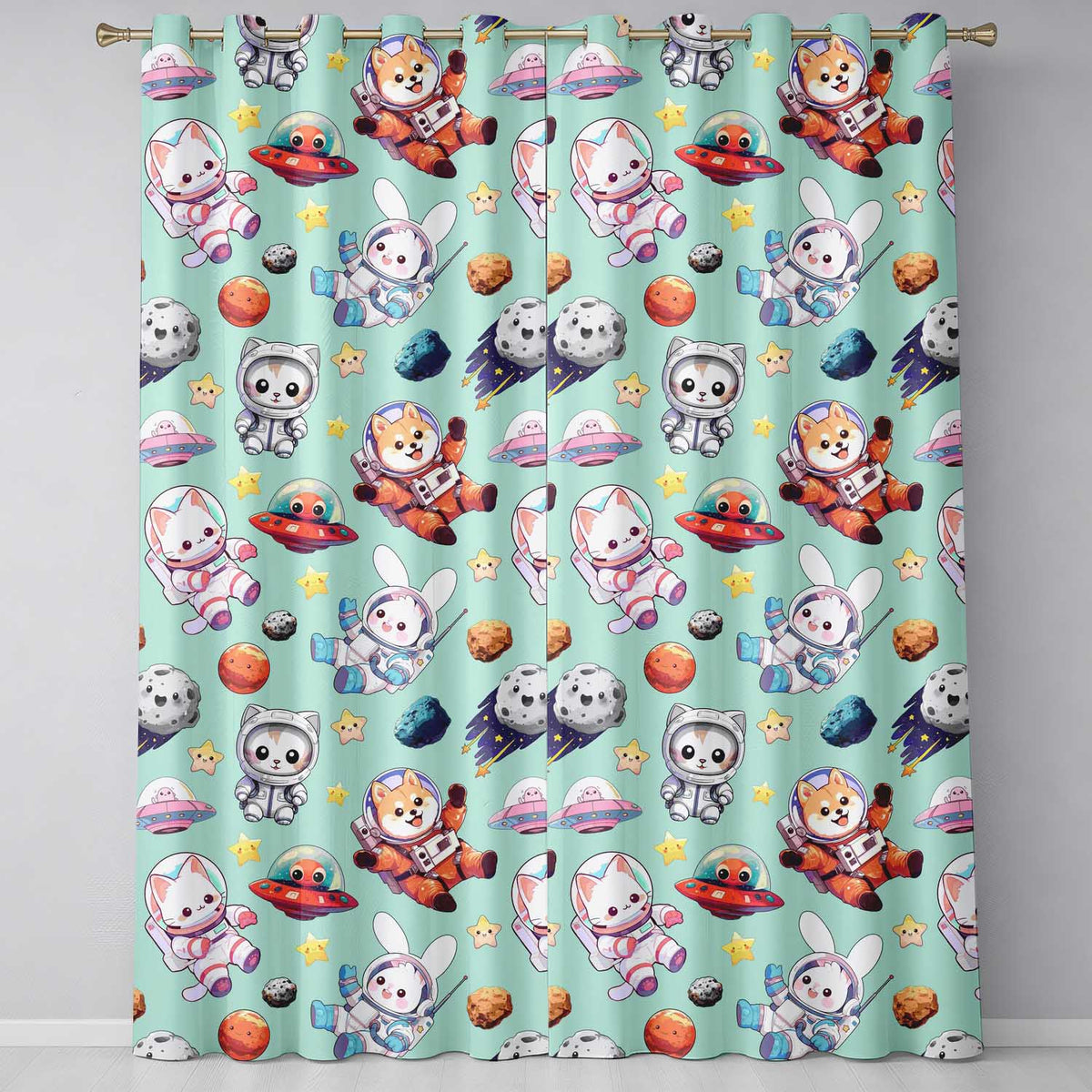 Cute Space Animals Astronaut Seamless Pattern Mint Galaxy Kids Design  Readymade Eyelet Ring Top Thermal 100% Blackout Curtains