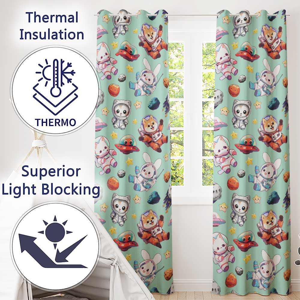 Cute Space Animals Astronaut Seamless Pattern Mint Galaxy Kids Design  Readymade Eyelet Ring Top Thermal 100% Blackout Curtains