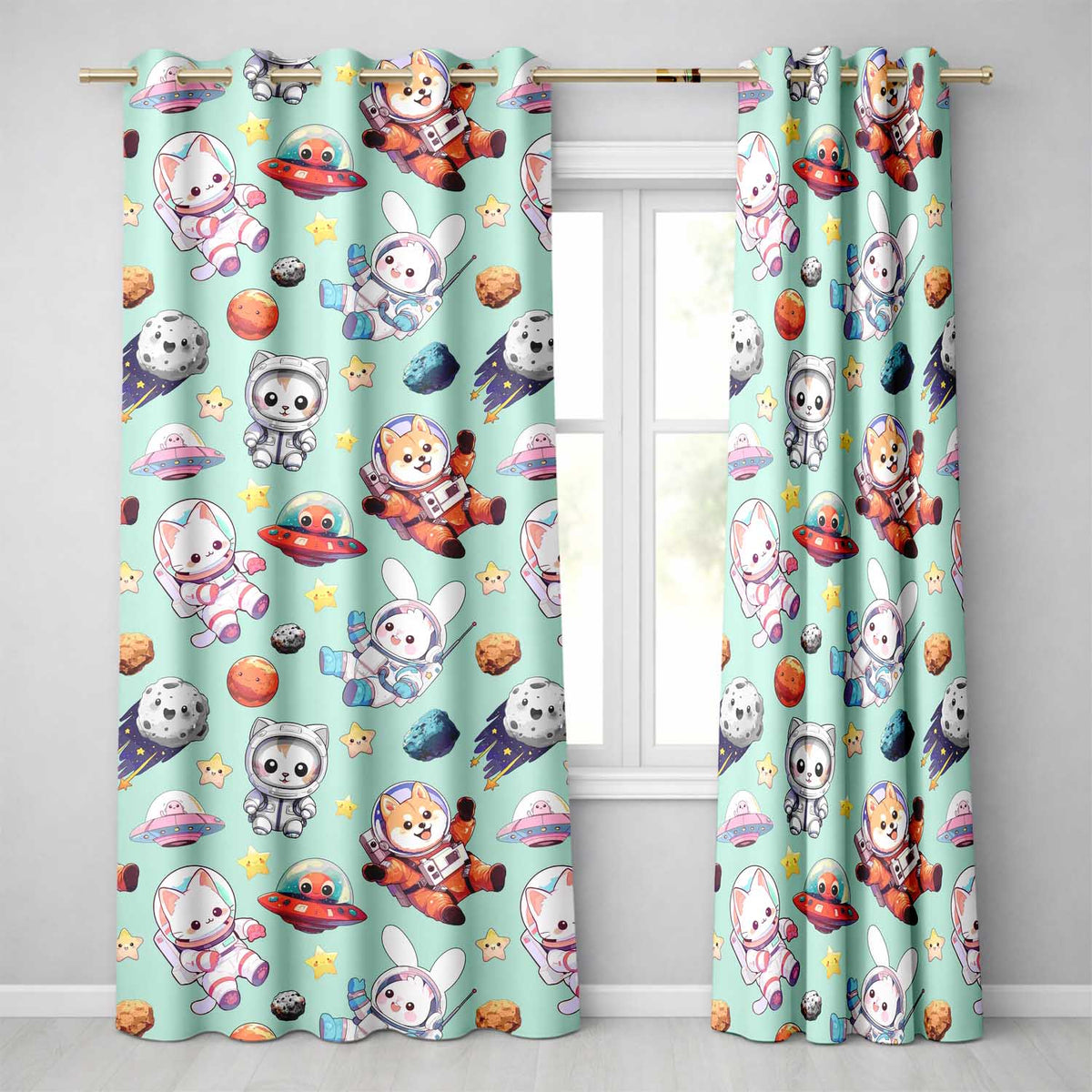 Cute Space Animals Astronaut Seamless Pattern Mint Galaxy Kids Design  Readymade Eyelet Ring Top Thermal 100% Blackout Curtains