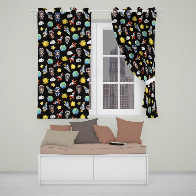 Cute Kids Space Rockets Astronaut Seamless Pattern Black Galaxy Design  Readymade Eyelet Ring Top Thermal 100% Blackout Curtains
