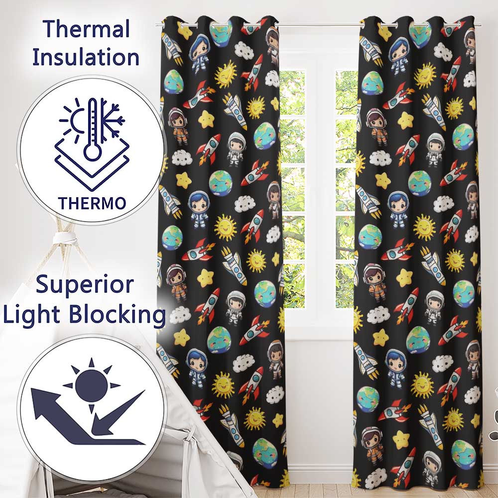 Cute Kids Space Rockets Astronaut Seamless Pattern Black Galaxy Design  Readymade Eyelet Ring Top Thermal 100% Blackout Curtains