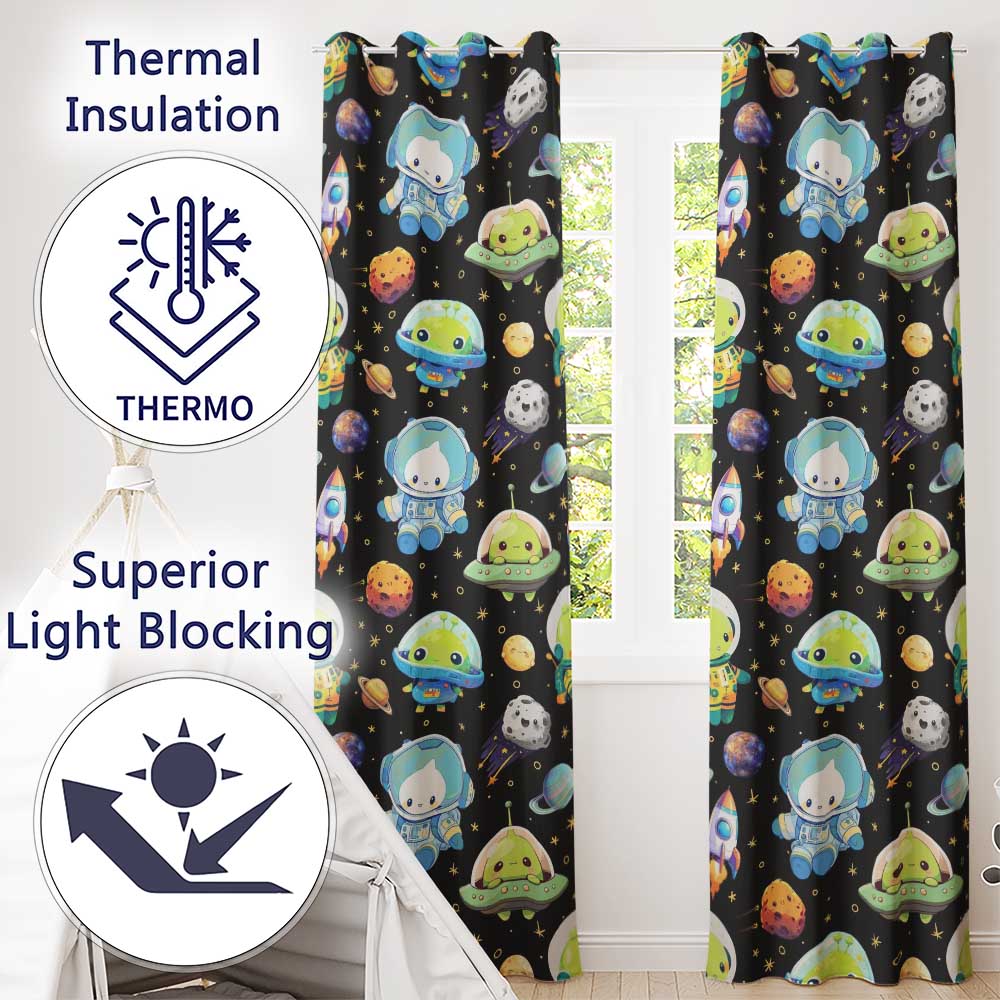 Space Astronaut Alien UFO Seamless  Black Background Fun Kids Design  Readymade Eyelet Ring Top Thermal 100% Blackout Curtains