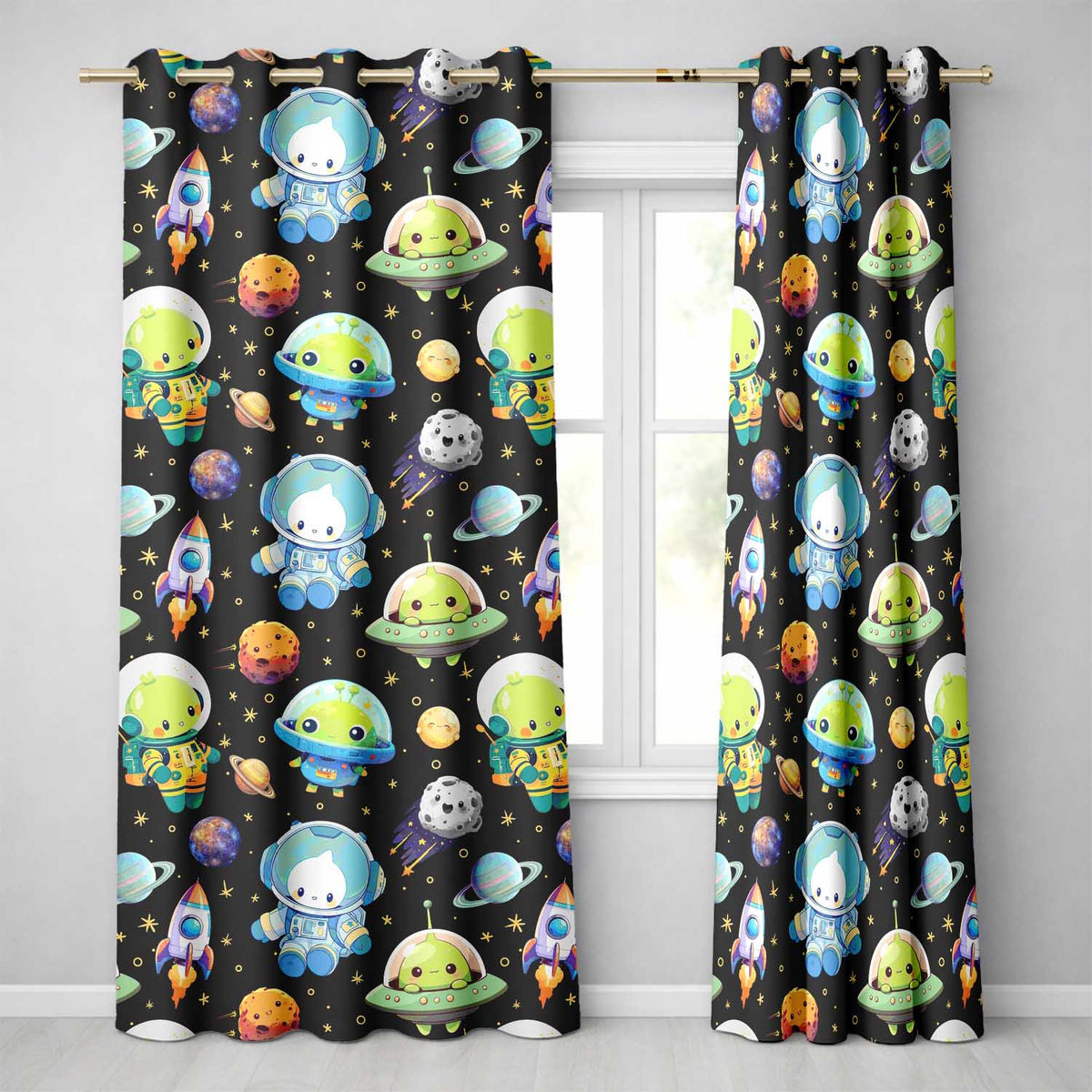 Space Astronaut Alien UFO Seamless  Black Background Fun Kids Design  Readymade Eyelet Ring Top Thermal 100% Blackout Curtains