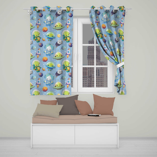 Space Astronaut Alien UFO Seamless  Light Blue Background Fun Kids Design  Readymade Eyelet Ring Top Thermal 100% Blackout Curtains