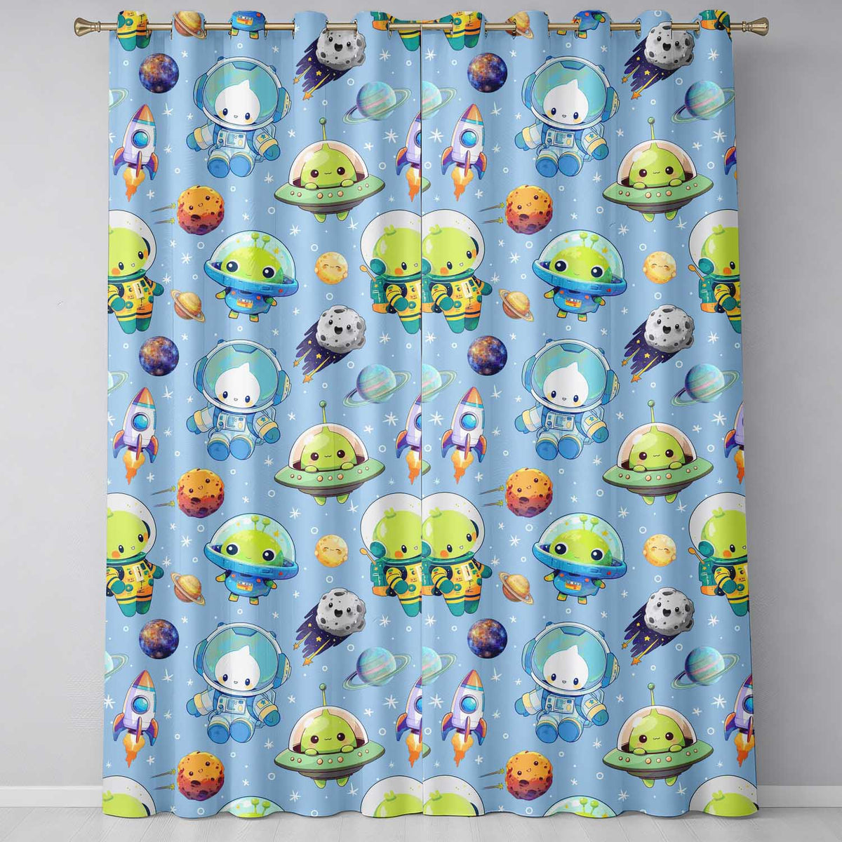 Space Astronaut Alien UFO Seamless  Light Blue Background Fun Kids Design  Readymade Eyelet Ring Top Thermal 100% Blackout Curtains