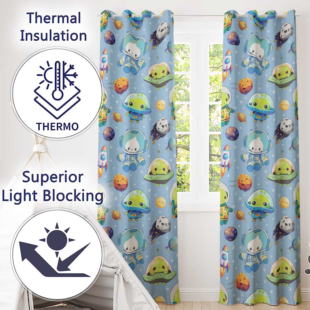 Space Astronaut Alien UFO Seamless  Light Blue Background Fun Kids Design  Readymade Eyelet Ring Top Thermal 100% Blackout Curtains