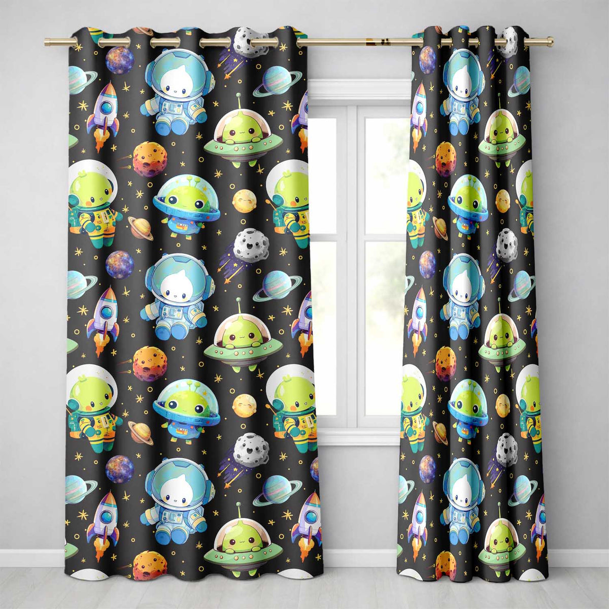 Space Astronaut Alien UFO Seamless  Dark Grey Background Fun Kids Design  Readymade Eyelet Ring Top Thermal 100% Blackout Curtains