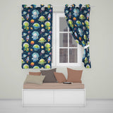 Space Astronaut Alien UFO Seamless  Navy Blue Background Fun Kids Design  Readymade Eyelet Ring Top Thermal 100% Blackout Curtains