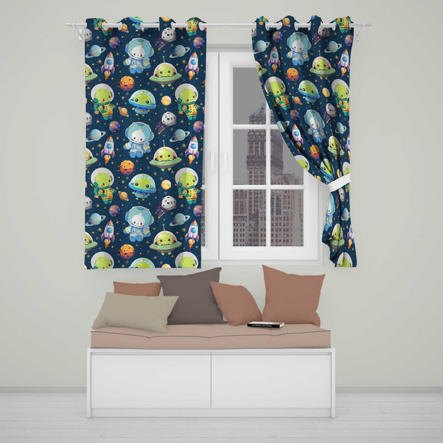 Space Astronaut Alien UFO Seamless  Navy Blue Background Fun Kids Design  Readymade Eyelet Ring Top Thermal 100% Blackout Curtains