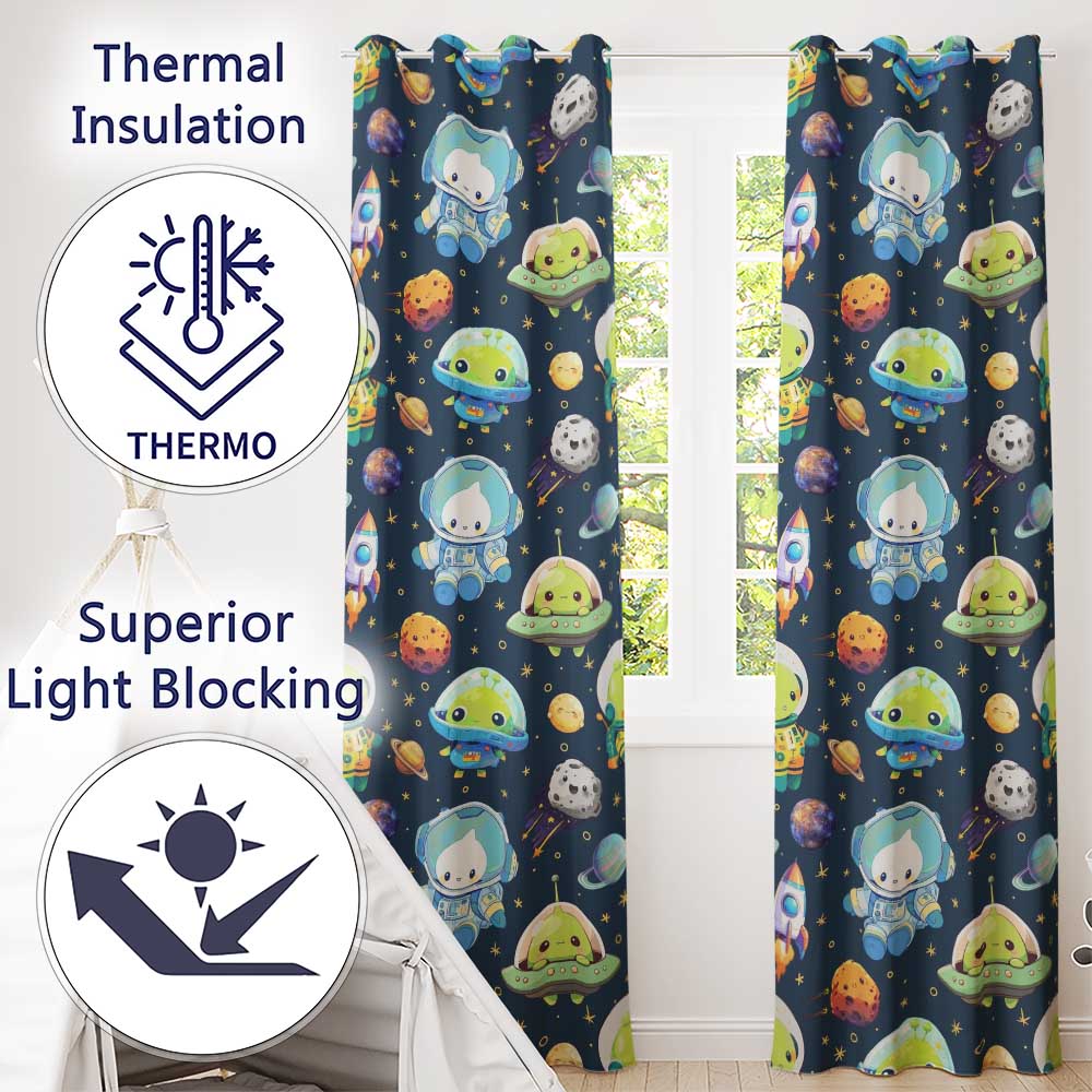 Space Astronaut Alien UFO Seamless  Navy Blue Background Fun Kids Design  Readymade Eyelet Ring Top Thermal 100% Blackout Curtains