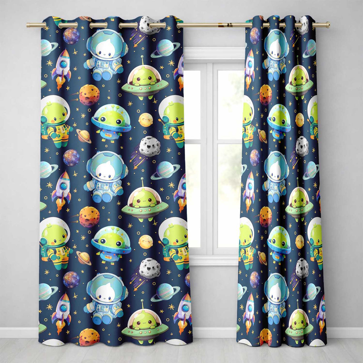 Space Astronaut Alien UFO Seamless  Navy Blue Background Fun Kids Design  Readymade Eyelet Ring Top Thermal 100% Blackout Curtains
