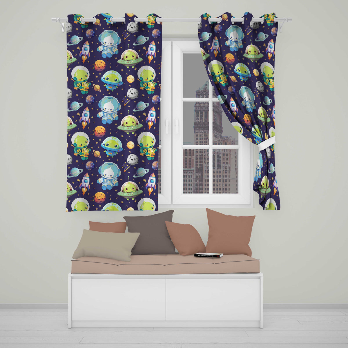 Space Astronaut Alien UFO Seamless  Purple Background Fun Kids Design  Readymade Eyelet Ring Top Thermal 100% Blackout Curtains