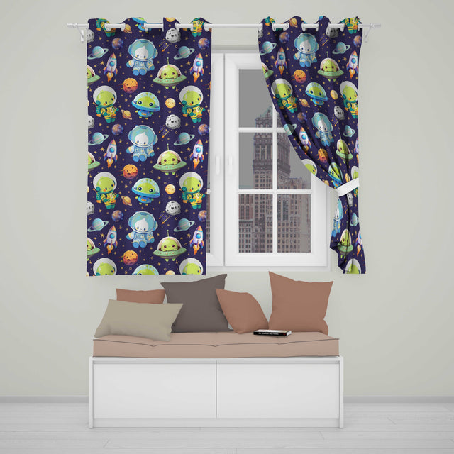 Space Astronaut Alien UFO Seamless  Purple Background Fun Kids Design  Readymade Eyelet Ring Top Thermal 100% Blackout Curtains